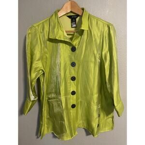 Ali Miles Shirt Jacket Womens Petite Medium Green Shiny 3/4 Sleeve Button Front